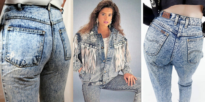 abbigliamento-donne-anni-80-jeans-vita-alta giacca-jeans-frange-davanti-acconciatura-anni-80