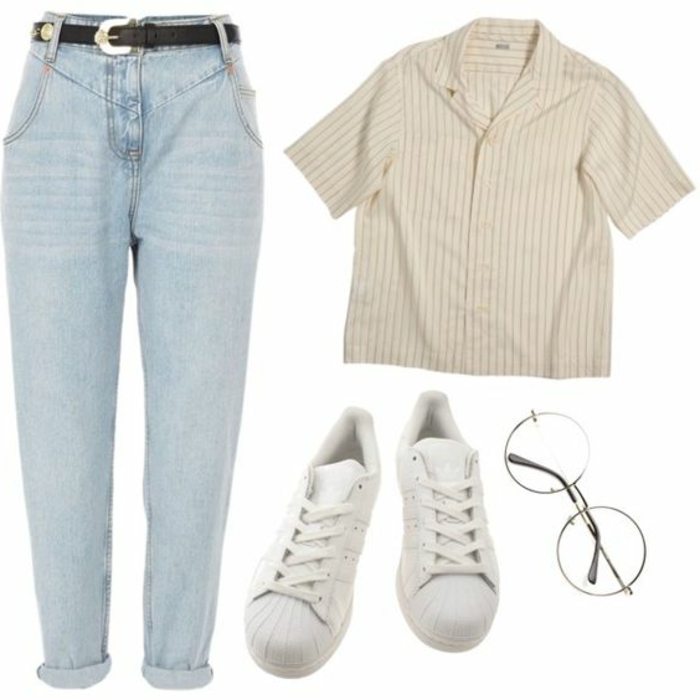anni-80-moda-femminile-jeans-vita-alta-camica-mezze-maniche-righe-scarpe-tennis-stringate-occhiali-rotondi