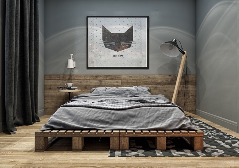 camera-da-letto-moderna-pallet-quadro-gatto-lampada-terra-tappeto-pavimento-legno-pareti-colore-grigio