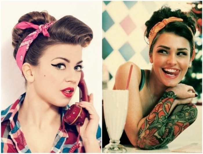 donna-tatuata-braccio-stile-retrò-capelli-pin-up-pompadour-fascia-rosa-telefono-vintage-rosso