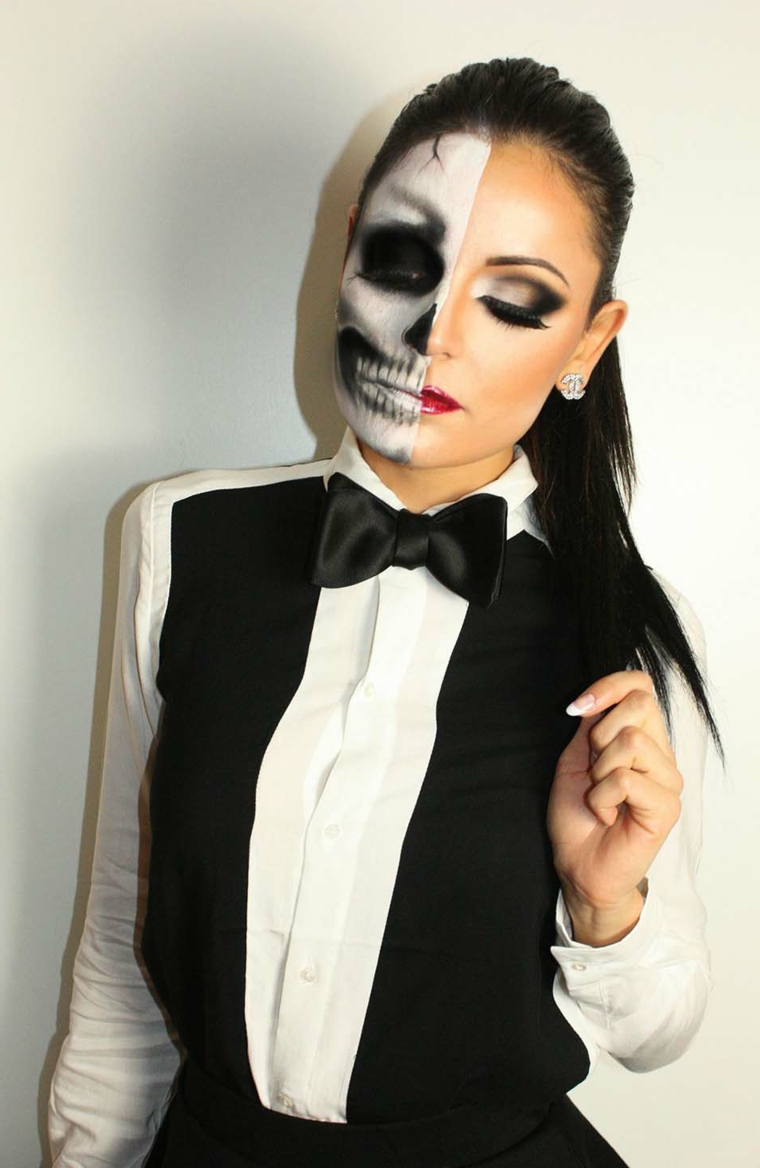 idea-viso-halloween-metà-faccia-scheletro-smoking-donna-capelli-legati