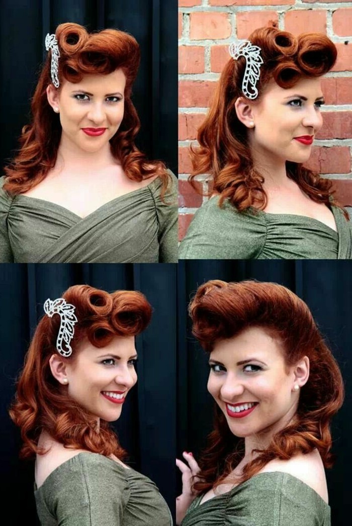 look-anni-50-donna-sorridende-capelli-color-rame-pin-up-stile-rockabilly-vestito-verde-oliva-elegante