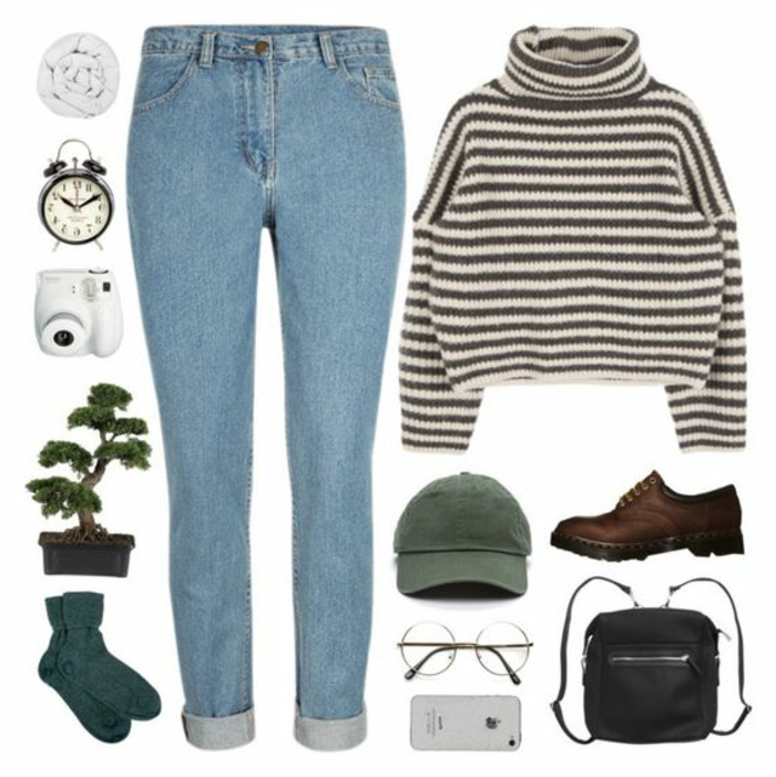 oggetti-vari-jeans-risvolto-pullover-lana-righe-anni-80-cappello-visiera- scarpe-marroni-occhiali-tondi-bonsai-sveglia-calze-zaino-bianco