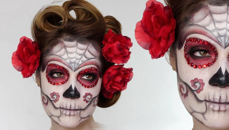 trucco-donna-halloween-sugar-skull-viso-rose-capelli-brillantini-rosso-viso