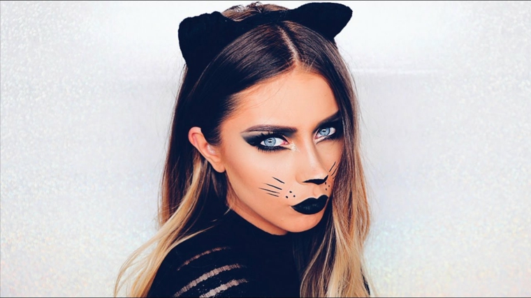 trucco-halloween-donna-gatto-cerchietto-orecchie-labbra-nere-smokey-nero-occhi