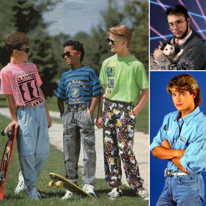 vestito-anni-80-look-ragazzini-jeans-pantaloni-vita-alta-t-shirt-colorate-camicia-skate-board
