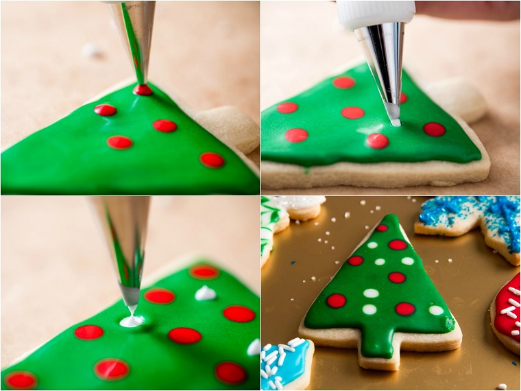 Biscotti semplici, decorati con della glassa reale di colore verde e punti rossi per gli addobbi con l'aiuto di una sac à poche 