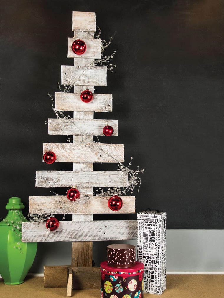 Albero di Natale fai da te, pallet di colore bianco decorato con palline rosse e pacchi di regalo 