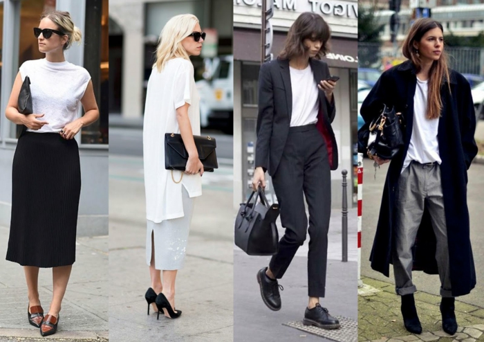 look-casual-quattro-proposte-abbigliamento-cappotto-nero-lungo-gonna-pantalone-taglia-alta-tacchi-stivaletti-derby