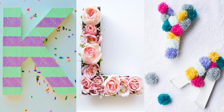 regali di natale fai da te, tre idee per creare le iniziali del nome con fiori, pon pon e cartoncini colorati
