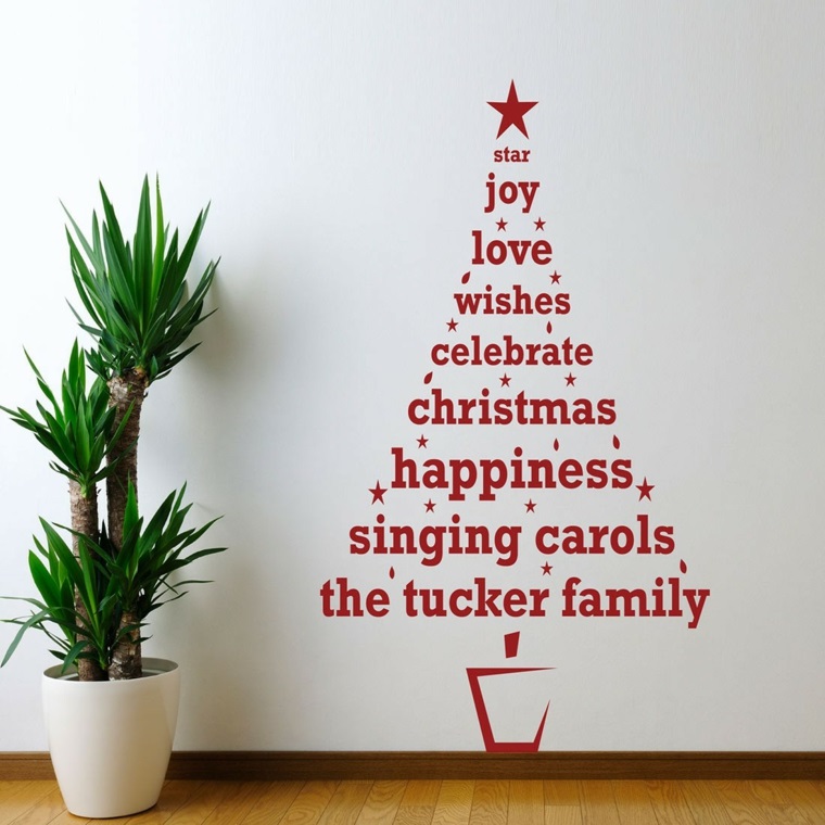 Idea per decorare le pareti per Natale con un sticker a forma di albero con scritta personalizzata 