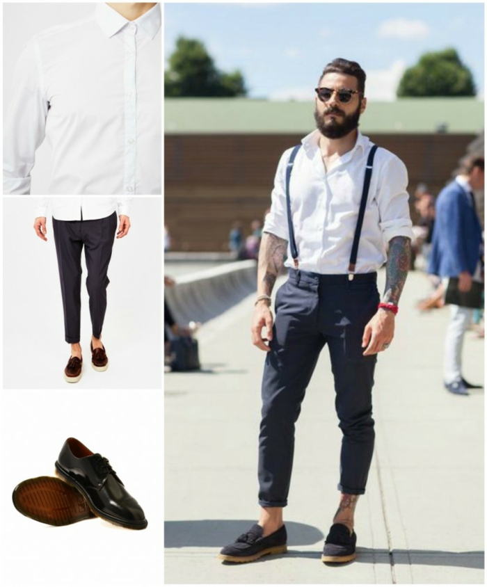 stile-casual-vestiti-uomo-pantalone-chino-blu-camicia-bianca-abbinamento-mocassini-accessori-occhiali-da-sole