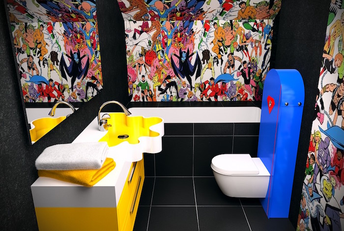 toilette-originale-colorata-pannelli-fumetti-pittura-mobili-design-superfici-lucide-lavandino-giallo-originale