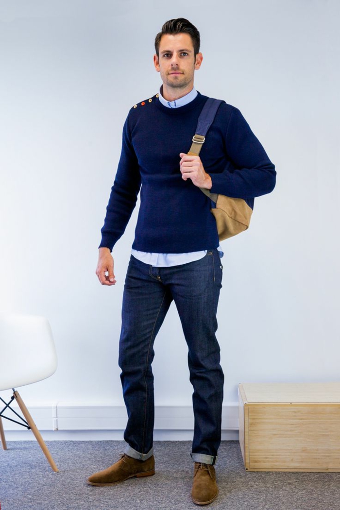 uomo-casual-vestiti-basic-jeans-maglione-blu-camicia-scarpe-abbinate-zaino-look-da-università