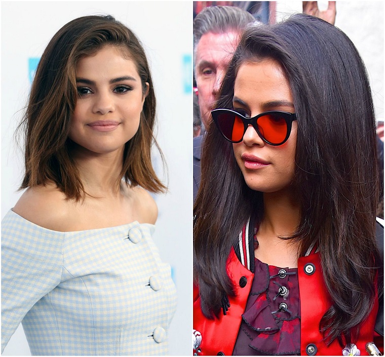 I look a confronto di Selena Gomez con capelli corti a caschetto e lunghi leggermente scalati 