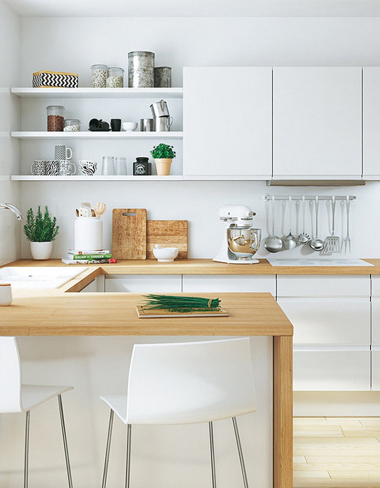 Cucine moderne piccole, idea arredamento con mensole a vista di colore bianco e top in legno 