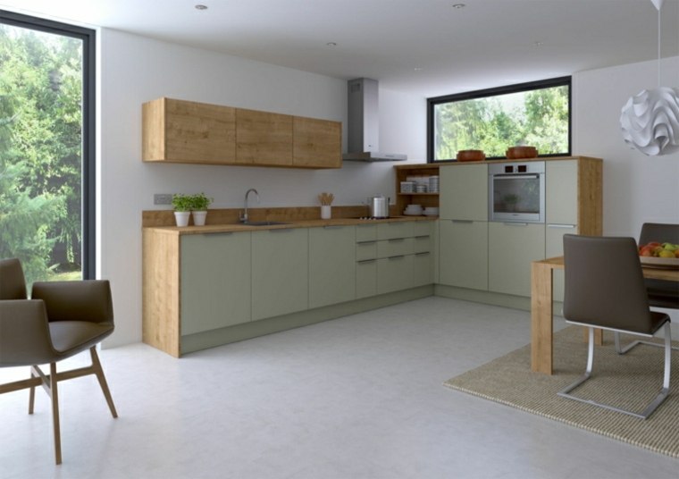 Arredamento cucina moderna con mobili di colore verde oliva e armadietti superiori in legno 