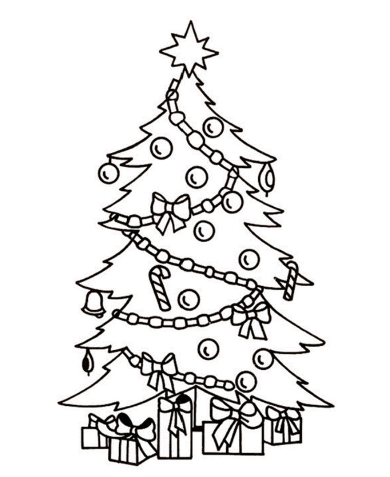 immagini natalizie da colorare, un albero decorato con palline, campanelle e ghirlande