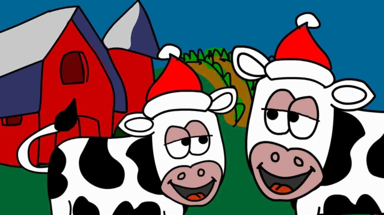 disegni sul natale, due buffe mucche con in testa il cappello di babbo natale