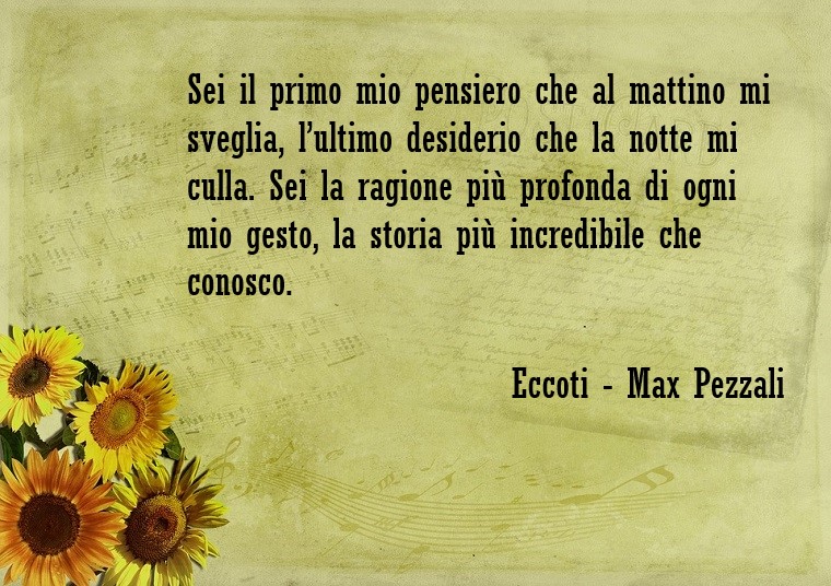Frasi belle, una dedica scritta su un foglio decorato con girasoli, testo canzone Eccoti di Max Pezzali 