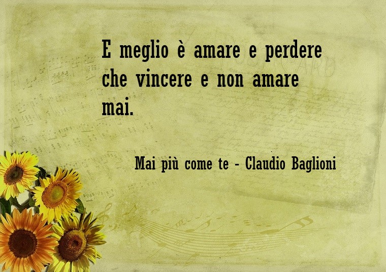 Citazioni amore e una scritta su un foglio di carta decorato con girasoli, frase canzone di Claudio Baglioni 