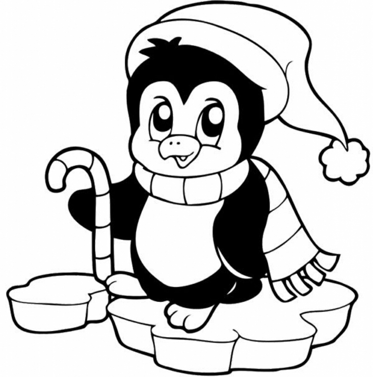 disegni da colorare natale, un pinguino con cappello, sciarpa e bastone di zucchero 