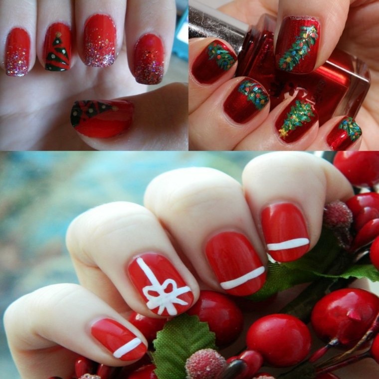 unghie con decorazioni natalizie, tre proposte realizzate con uno smalto rosso lucido