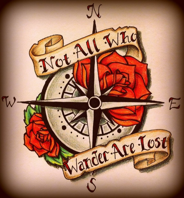 tatuaggi old school, una grande bussola con delle scritte e due rose rosse
