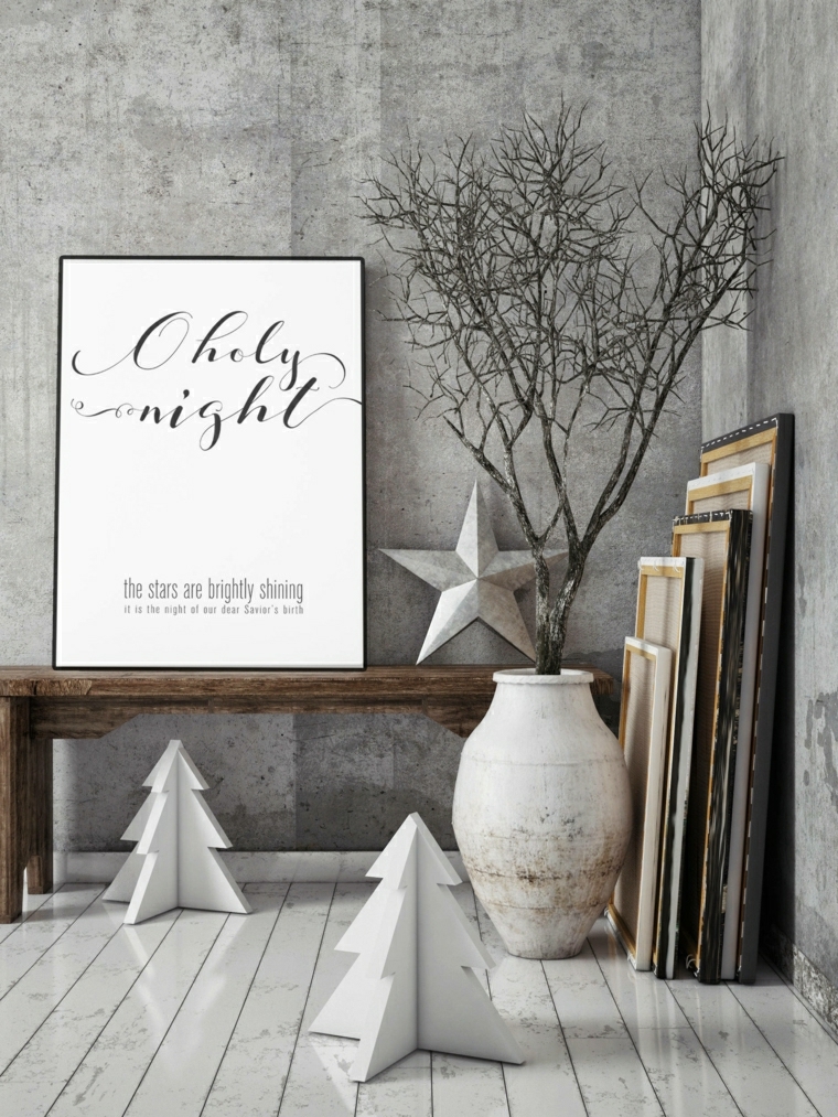 Decori natalizi dal design moderno con alberi di Natale in legno piccoli e stella da parete colore grigio 