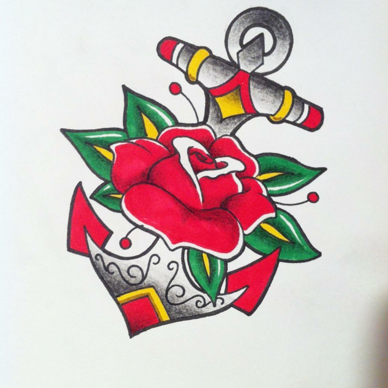 tatuaggio in stile tradizionale raffigurante un'ancora e una grande rosa rossa