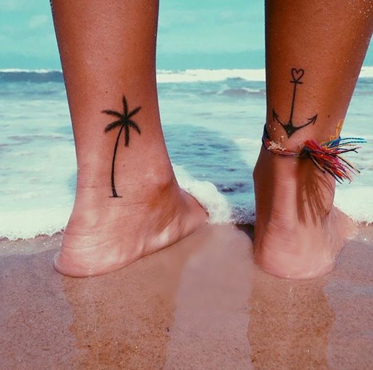 Tatuaggi caviglia, disegno tattoo palma e ancora, donna in riva al mare, mare con onde alte