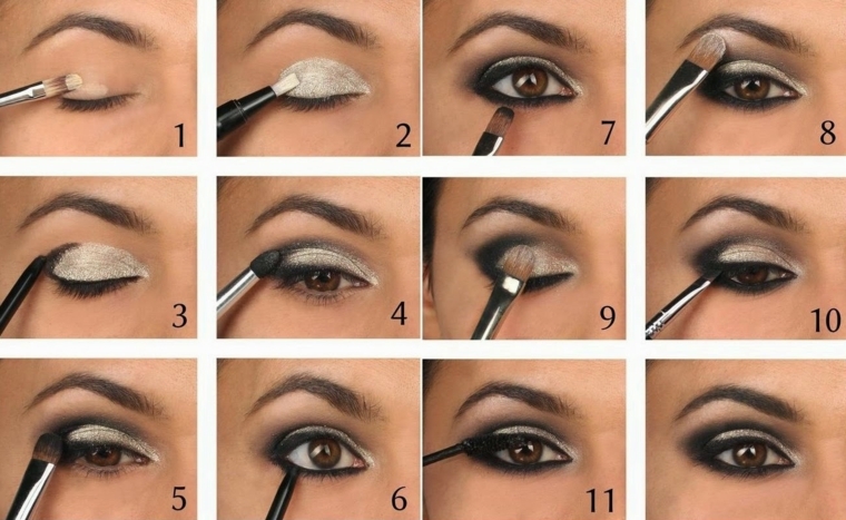 make up per gli occhi, i vari passaggi per creare un contrasto con la matita nera e l'ombretto argento