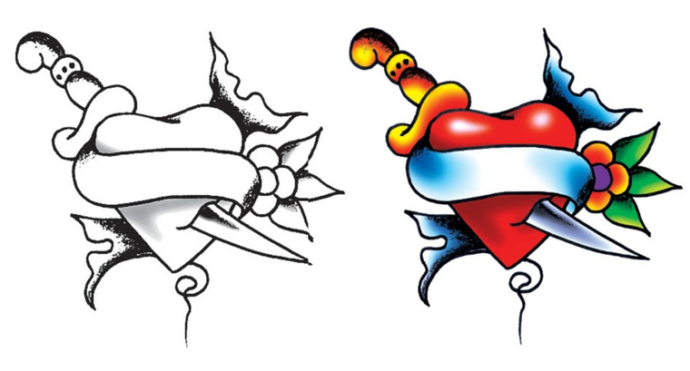 due disegni di tatuaggio cuore in bianco e nero e a coloari con un pugnale, fiori e pergamena