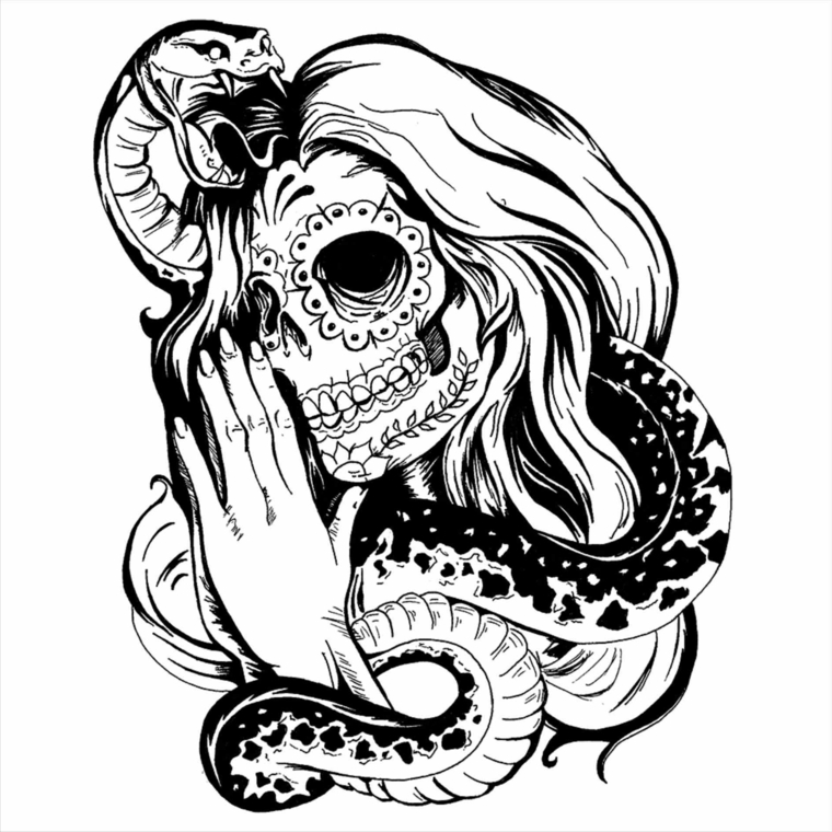 teschio messicano tattoo, un'immagine di tre quarti della santa muerte con un cobra sulla testa