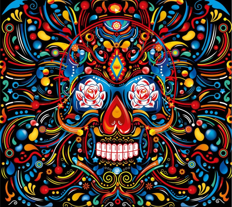 un disegno ricco di dettagli e di colori con al centro un teschio in stile messicano con rose negli occhi