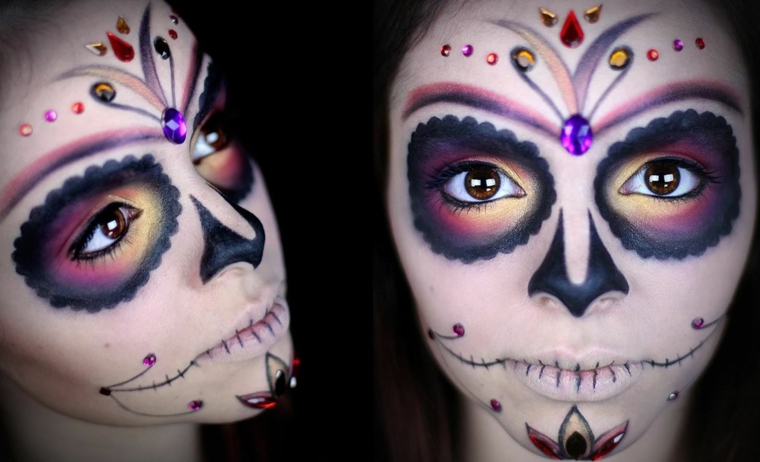 teschio messicano, idea per realizzare un makeup da donna per halloween con alcune gemme colorate