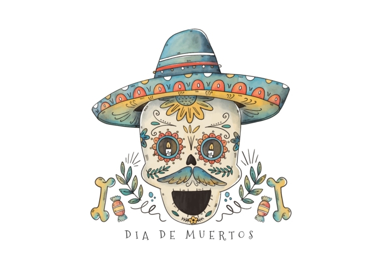 teschio messicano tattoo, una proposta originale con la scritta "giorno dei morti" e un sombrero