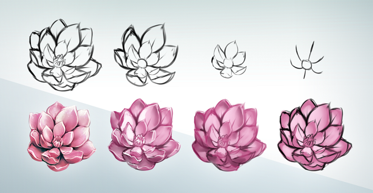 Idea immagini da disegnare facili, fiori con matita e colorati di colore rosa 