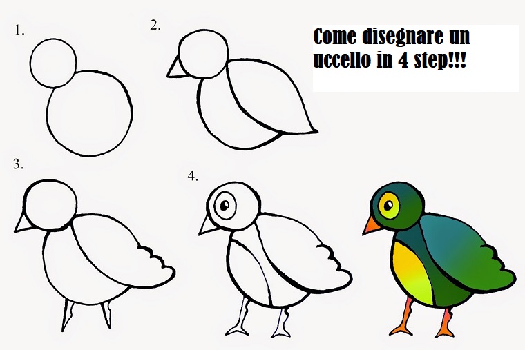 Disegnare un uccellino, disegni facili da fare, tutorial per bambini step by step 