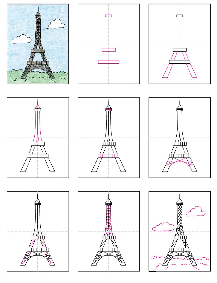 Idea per disegni facili per bambini, passo per passo per disegnare la Tour Eiffel e colorarla 