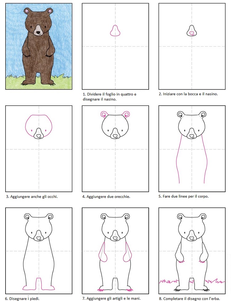 Tutorial per disegnare un orso, disegni facili da copiare per bambini, spiegazione in otto step 