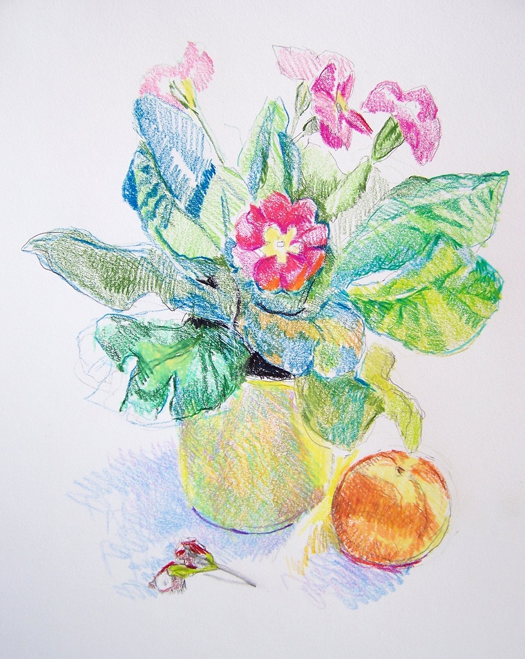 Disegni facili da disegnare a mano libera, vaso di fiori colorati con pastelli 