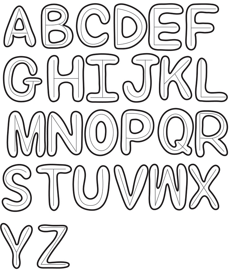 Lettere dell'alfabeto, disegni facili da disegnare a mano libera, bordo in grassetto di colore nero 