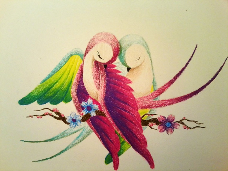 Idea disegni facili da fare, come disegnare due uccelli colorati con i pastelli 