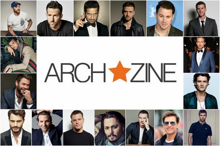 Foto collage di foto di attori famosi, uomini sportivi e cantanti, logo archzine 