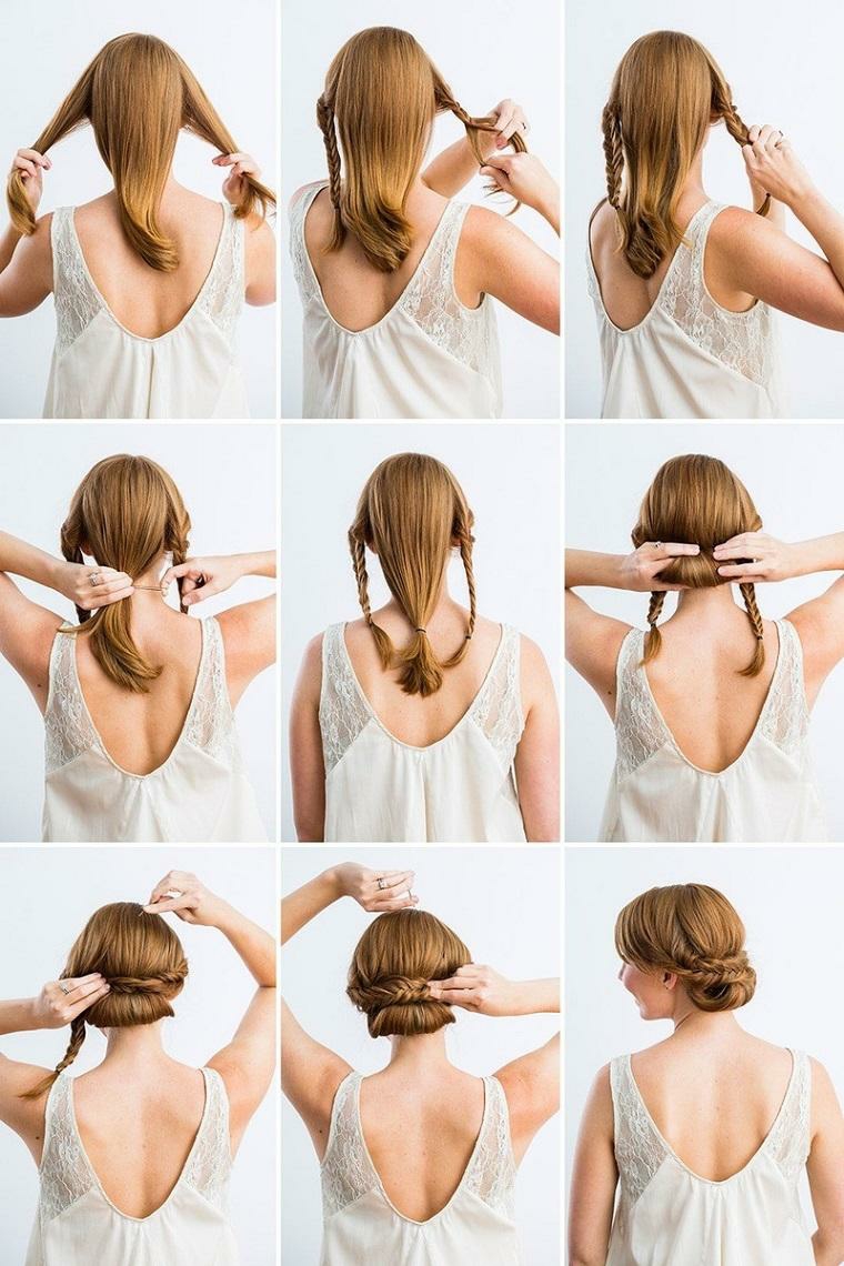 delle immagini tutorial per realizzare delle acconciature capelli lunghi con delle trecce raccolte in uno chignon
