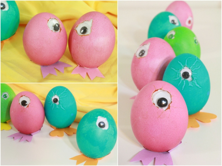 dei pulcini colorati realizzati con uova di pasqua, con piedi in cartone e occhio all'interno del guscio