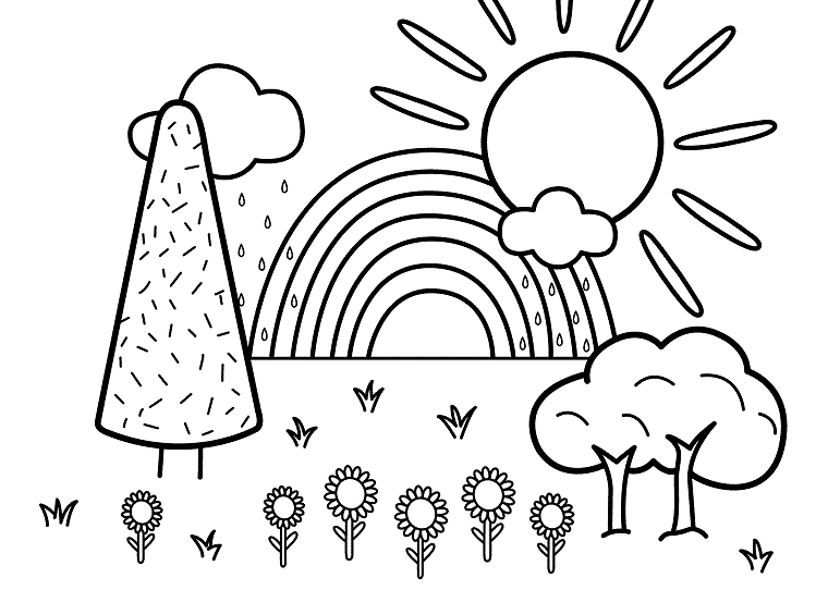 Disegni facili da copiare, paesaggio da colorare, alberi e vegetazione, arcobaleno e sole 