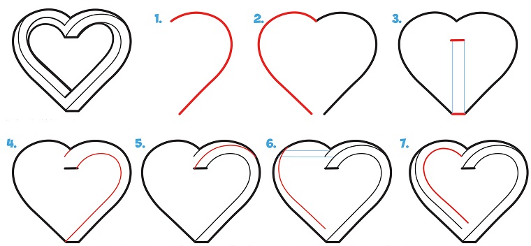 Come disegnare un cuore, disegni facili da disegnare a mano libera, tutorial in sette passi 