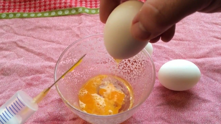 con una siringa si immette dell'aria così da far fuoriuscire il contenuto dell'uovo, ciotola trasparente e tovaglia
